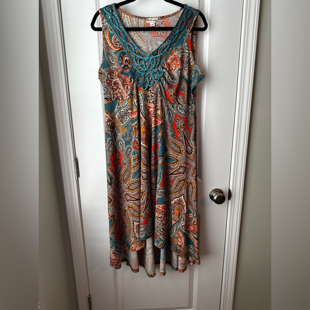 🌿 World Unity Boho Paisley Dress Crochet Neck Hi Low
